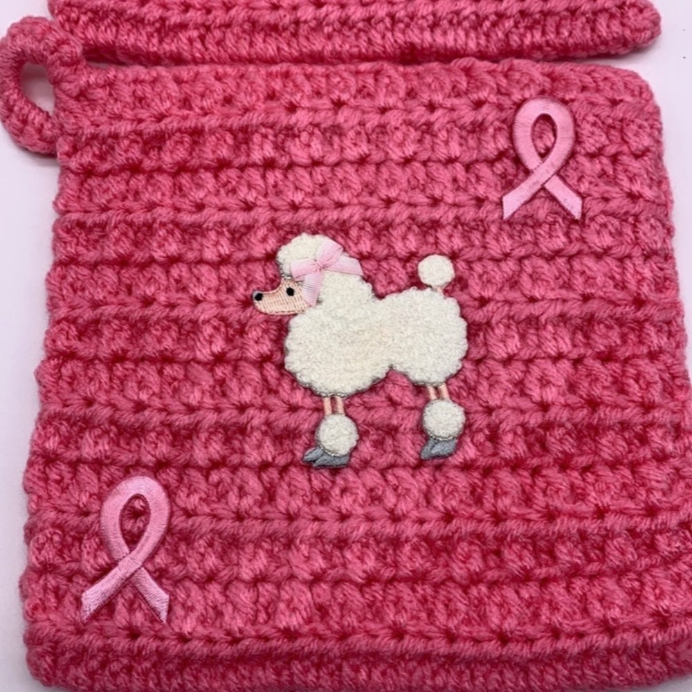 2 Vintage Pink poodle home-made crochet pot holders/hotpads for airfryer/oven 7" - Picture 2 of 10